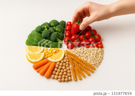 Healthy food innovation promotes food security with fresh vegetables fruits grains and legumes arranged in colorful pie chart with hand picking strawberry Healthy food innovation promotes food security with fresh vegetables fruits grains and legumes arranged in colorful pie chart with hand picking strawberry 131977659