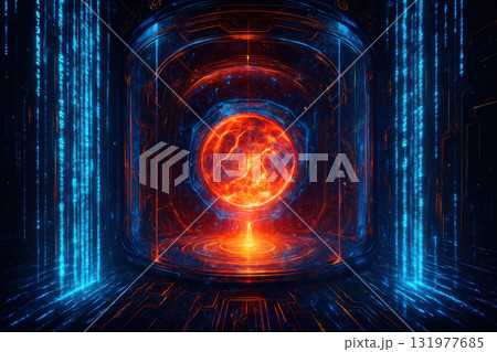 Quantum technology visualization with glowing orange sphere surrounded by blue digital streams representing cryptography and security in futuristic data environment 131977685