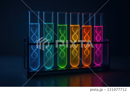 Glowing test tube with DNA helix in colorful liquid representing biotech research for longevity and scientific innovation in laboratory environment with dark background 131977712