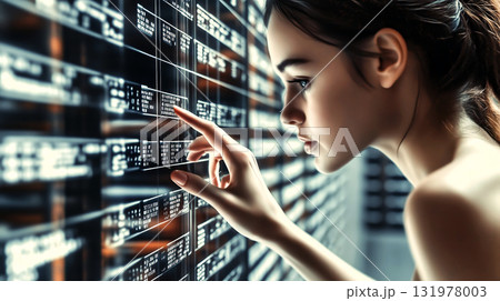 Database administrator managing warehouse inventory on futuristic transparent digital screen Database administrator managing warehouse inventory on futuristic transparent digital screen 131978003