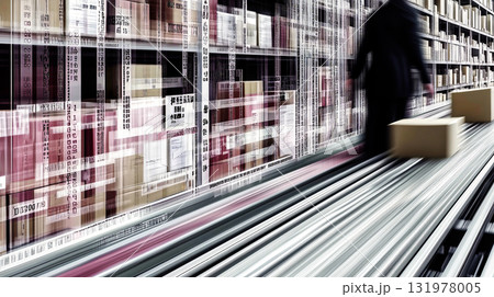 Manager walking in warehouse with cardboard boxes moving on conveyor belt Manager walking in warehouse with cardboard boxes moving on conveyor belt 131978005