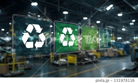 modern recycling center with glowing sustainability icons modern recycling center with glowing sustainability icons 131978116
