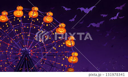 ハロウィンの夜空に浮かぶ観覧車とコウモリ。幻想的で可愛い夜の風景イラスト 131978341