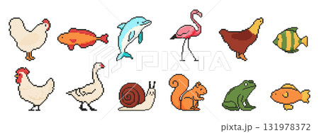 8 bit animal set. Pixel art objects. Old school vintage game graphics. Chicken, dolphin, flamingo, fish, snail, frog. 8 bit animal set. Pixel art objects. Old school vintage game graphics. Chicken, dolphin, flamingo, fish, snail, frog. 131978372