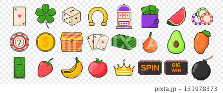 8 bit slot machine icons set. Pixel art object. Old school vintage game graphic. Clover, coins, dice, playing card, fruits, horseshoe, crown, slot machine 8 bit slot machine icons set. Pixel art object. Old school vintage game graphic. Clover, coins, dice, playing card, fruits, horseshoe, crown, slot machine 131978373