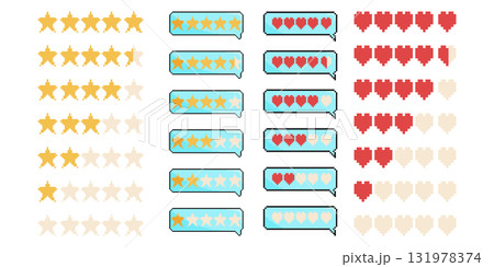 8 bit star and like rating icon set. Pixel art object. Retro 80s,90s video game graphics. 131978374