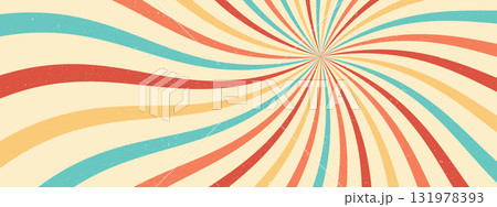 Retro swirl sunburst background, groovy spiral rays. Vintage abstract pattern with grunge texture. Funky wave art. Retro swirl sunburst background, groovy spiral rays. Vintage abstract pattern with grunge texture. Funky wave art. 131978393