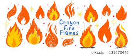 Crayon hand drawn fire flames set. Grunge elements with scribble texture. Bright sketch doodle collection. 131978445