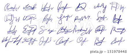 Hand drawn fake signatures. Set of various blue ink scrawls for documents or design elements. 131978448