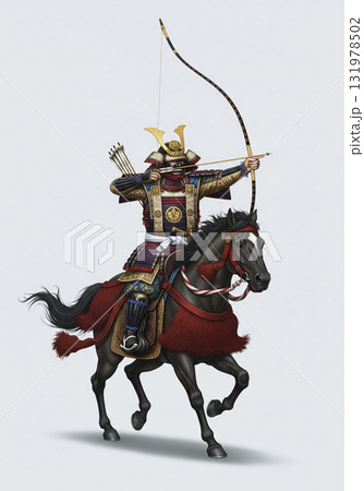 甲冑を着た武将 日本のサムライ 弓を引く 甲冑を着た武将 日本のサムライ 弓を引く 131978502