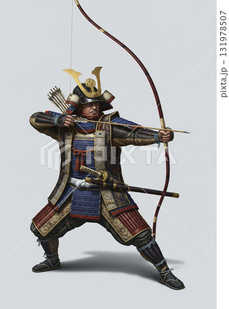 甲冑を着た武将 日本のサムライ 弓を引く 甲冑を着た武将 日本のサムライ 弓を引く 131978507