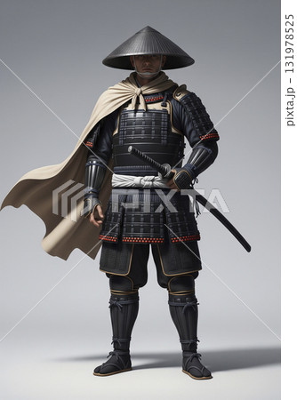 三度笠をかぶった武将 131978525