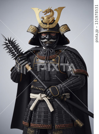 甲冑を着た武将 日本のサムライ 棍棒を構える 甲冑を着た武将 日本のサムライ 棍棒を構える 131978531