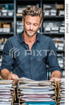 Man searching through many documents in archive 131978595