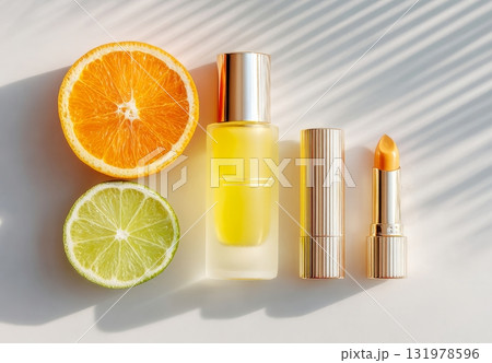 Citrus skincare products with orange lime slices 131978596