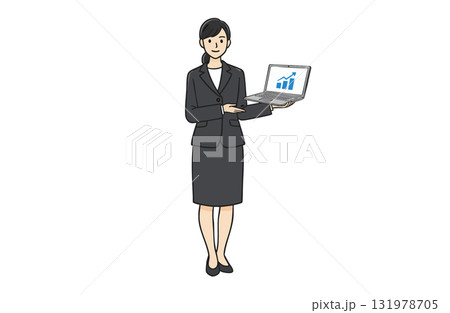 ノートパソコンの画面を見せるビジネスウーマン(全身・シンプルカラー) ノートパソコンの画面を見せるビジネスウーマン(全身・シンプルカラー) 131978705