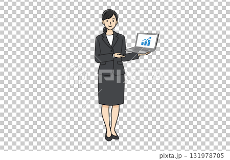 ノートパソコンの画面を見せるビジネスウーマン(全身・シンプルカラー) ノートパソコンの画面を見せるビジネスウーマン(全身・シンプルカラー) 131978705