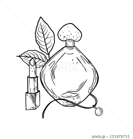 Feminine beauty accessories black white vector illustration. Perfume bottle, leaf, lipstick and pendant necklace in line art. Outline drawing for cosmetic branding, jewelry packaging and girls designs 131978731