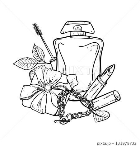 Women's Day drawing black white vector. Line art perfume flacon, gift bow, lipstick, bracelet and botanical elements painted ink. Design for glamour girls print. Hand drawn feminine illustration. 131978732