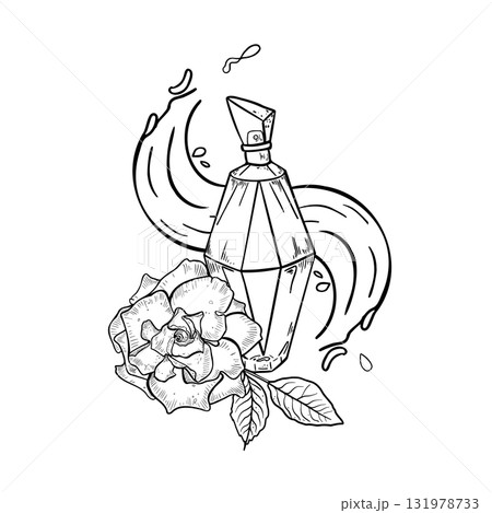 Hand drawn perfume bottle with blooming peony and dynamic water splashes line art. Monochrome design for fragrance branding. Rose drawing for cosmetic packaging. Design for International Women's Day. 131978733