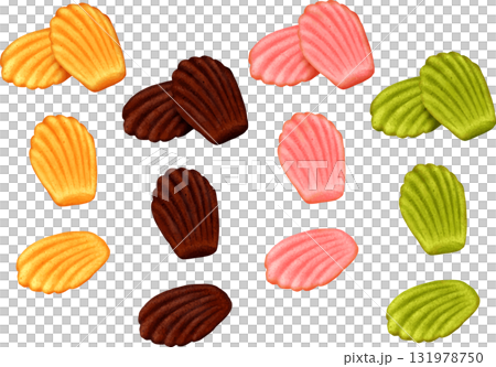 Seashell-shaped madeleines in 4 flavors: plain, chocolate, strawberry, pistachio, and matcha Seashell-shaped madeleines in 4 flavors: plain, chocolate, strawberry, pistachio, and matcha 131978750