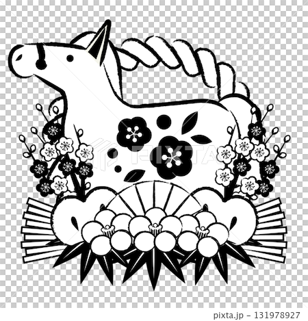 馬年新年圖示 08,Shimekazari,單色馬,插圖,可愛 馬年新年圖示 08,Shimekazari,單色馬,插圖,可愛 131978927