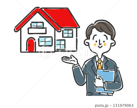 住宅の説明をするスーツ姿の男性　ベクター 131979063
