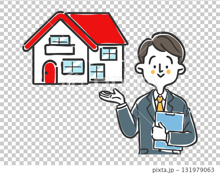 一位穿著西裝的男子解釋住房向量 一位穿著西裝的男子解釋住房向量 131979063