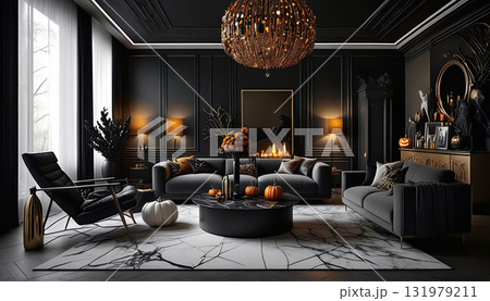 黒色とオレンジを基調としたソファと豪華な照明があるダイニングルームのインテリアデザイン ハロウィン 黒色とオレンジを基調としたソファと豪華な照明があるダイニングルームのインテリアデザイン ハロウィン 131979211