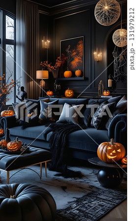 黒色とオレンジを基調としたソファと豪華な照明があるダイニングルームのインテリアデザイン　ハロウィン 131979212