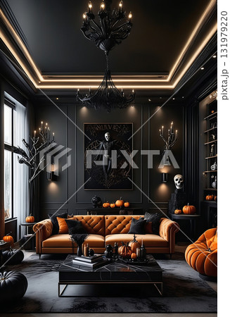 黒色とオレンジを基調としたソファと豪華な照明があるダイニングルームのインテリアデザイン　ハロウィン 131979220