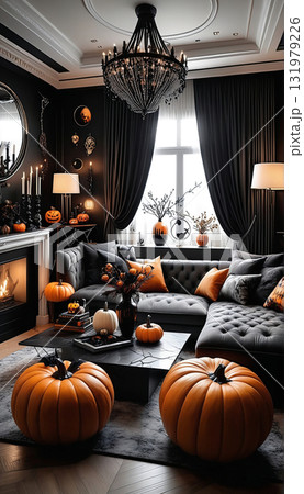 黒色とオレンジを基調としたソファと豪華な照明があるダイニングルームのインテリアデザイン　ハロウィン 131979226