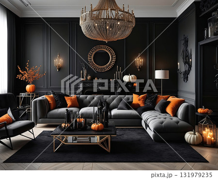 黒色とオレンジを基調としたソファと豪華な照明があるダイニングルームのインテリアデザイン　ハロウィン 131979235