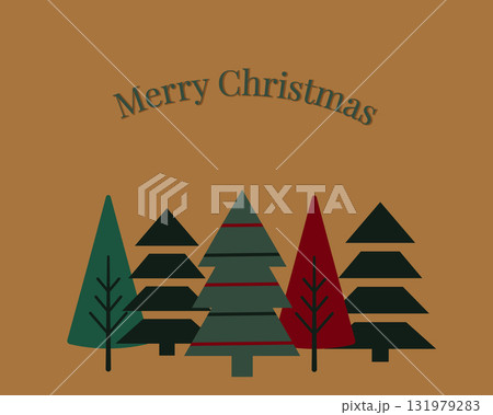 Minimalist Christmas greeting card with green and red trees on brown background Minimalist Christmas greeting card with green and red trees on brown background 131979283
