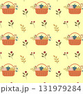 Seamless pattern with autumn basket of pumpkins and branches on beige background 131979284