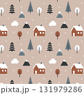 Scandinavian seamless winter pattern with houses mountains clouds and fir trees on beige background 131979286