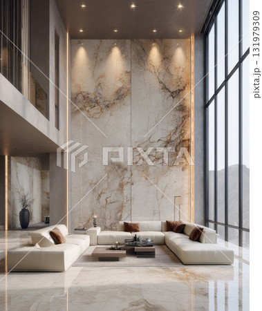 Exquisite double-height living room with floor-to-ceiling windows and a dramatic natural stone wall. The design features minimalist luxury furniture, rich marble flooring, and warm accent lighting Exquisite double-height living room with floor-to-ceiling windows and a dramatic natural stone wall. The design features minimalist luxury furniture, rich marble flooring, and warm accent lighting 131979309