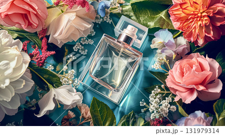 Perfume bottle with beautiful flowers. Beauty concept. Flat lay, top view 131979314