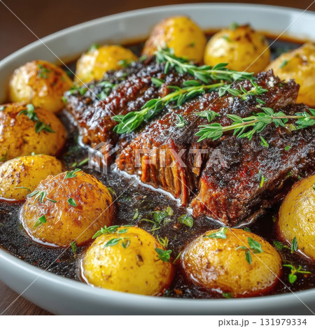 Rich, Slow-Braised Beef Brisket or Short Ribs Dinner in a Dark Savory Sauce, Served with Golden Roasted Baby Potatoes and Garnished with Fresh Thyme, Highlighting Comfort and Gourmet Cuisine Rich, Slow-Braised Beef Brisket or Short Ribs Dinner in a Dark Savory Sauce, Served with Golden Roasted Baby Potatoes and Garnished with Fresh Thyme, Highlighting Comfort and Gourmet Cuisine 131979334