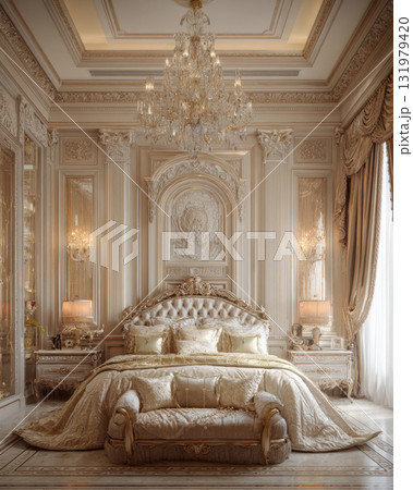Exquisite Palace-Inspired Neoclassical Master Bedroom Interior Design in Opulent Gold and Cream Tones, Featuring Intricate Wall Mouldings, a Tufted Headboard, Luxurious Silk Bedding 131979420