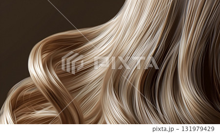 Long, luxurious golden blonde hair with soft waves and curls, shine and healthy texture against a dark background. AI generated 131979429