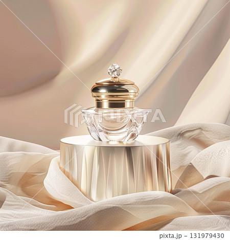 Face cream in a glass jar on white and gold background. Skin care concept. Backdrop for beauty cosmetic products Face cream in a glass jar on white and gold background. Skin care concept. Backdrop for beauty cosmetic products 131979430