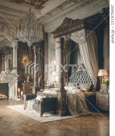 Opulent and Regal Baroque-Inspired Bedroom Suite with Hand-Carved Dark Wood Four-Poster Canopy Bed, Crystal Chandelier, Marble Fireplace, and Richly Detailed Interior Design - A Sanctuary of Luxurious Opulent and Regal Baroque-Inspired Bedroom Suite with Hand-Carved Dark Wood Four-Poster Canopy Bed, Crystal Chandelier, Marble Fireplace, and Richly Detailed Interior Design - A Sanctuary of Luxurious 131979497