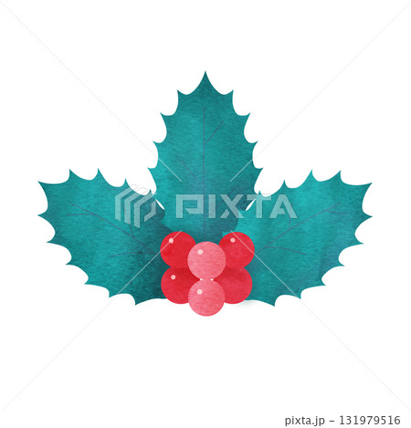 クリスマスに使える柊の葉（3枚）と赤い実の手描き水彩イラスト 131979516