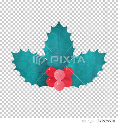 Hand-drawn watercolor illustration of three holly leaves and red berries for Christmas Hand-drawn watercolor illustration of three holly leaves and red berries for Christmas 131979516