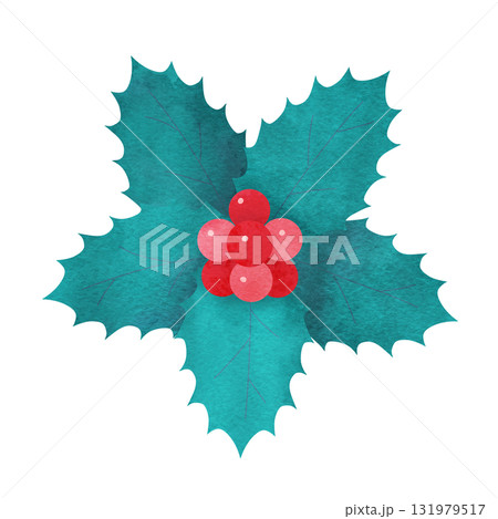 クリスマスに使える柊の葉(5枚)と赤い実の手描き水彩イラスト クリスマスに使える柊の葉(5枚)と赤い実の手描き水彩イラスト 131979517