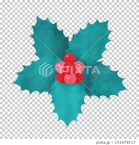 クリスマスに使える柊の葉(5枚)と赤い実の手描き水彩イラスト クリスマスに使える柊の葉(5枚)と赤い実の手描き水彩イラスト 131979517