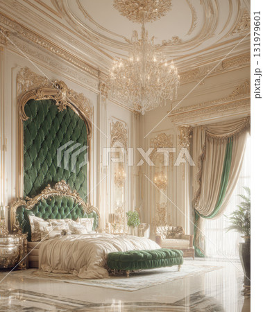 Opulent Neoclassical Master Bedroom Interior Design: Luxurious Royal Suite with Emerald Green Velvet Upholstery, Intricate Gold Leaf Accents, Ornate Crown Molding, Grand Crystal Chandelier 131979601