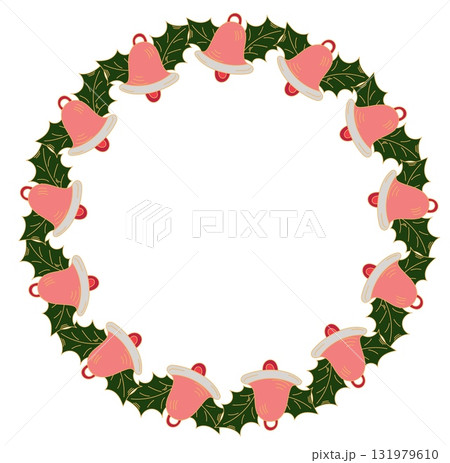Christmas wreath with bells and holly leaves, decorative border doodle style isolated on white background 131979610