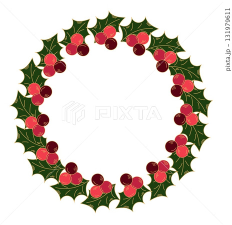 Christmas holly wreath with berries, decorative border doodle style isolated on white background Christmas holly wreath with berries, decorative border doodle style isolated on white background 131979611